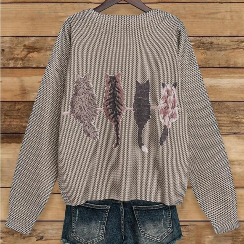 Cat Pattern Round Neck Long Sleeve Casual Pullover Sweater, Autumn/Winter